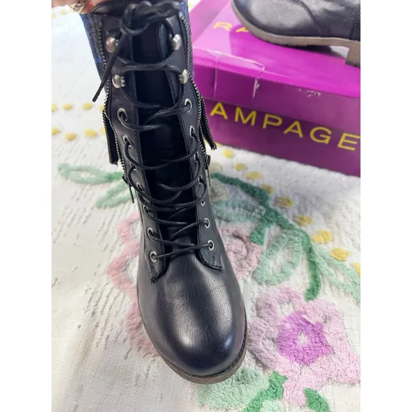 Rampage Jaggup Black Combat Boots Plaid Fold Over Lace Up Ankle Boots WF0015 10M - Image 3