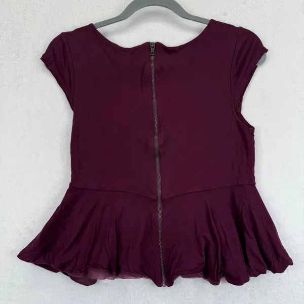 Alice + Olivia Top Womens‎ Sz S Peplum Short Sleeve Maroon Rayon Silk Blend READ - Image 8