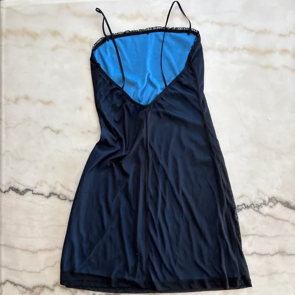 Vintage 90s The Original USA Blue Ombre Mesh Overlay Embroidered Rose Dress L - Image 4