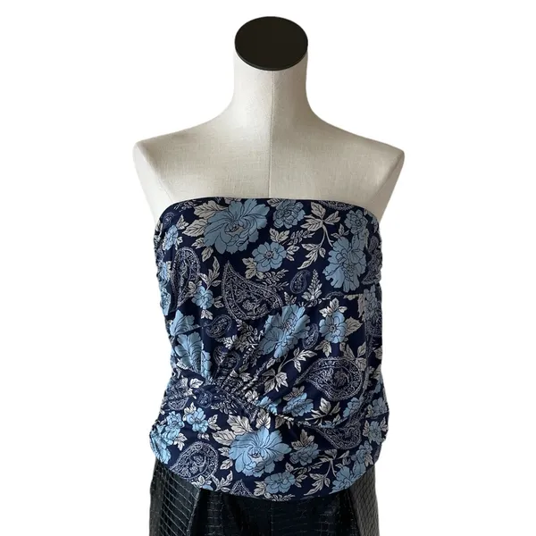 NWOT Free People Ruched Bandeau Tube Top in Blue Floral Paisley Large - Image 2