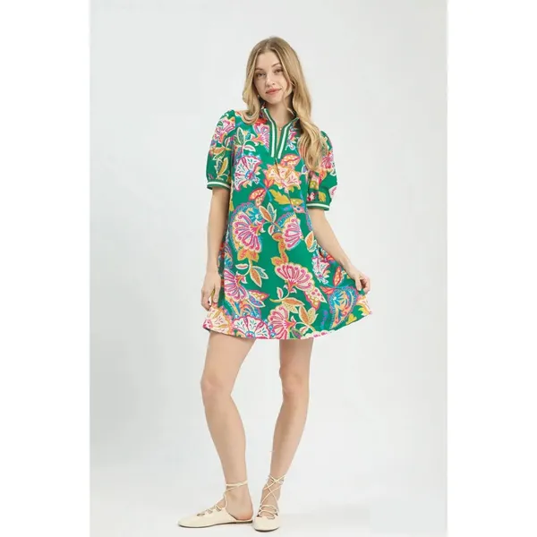 Umgee Jacquard Paisley Print Puff Sleeve Tunic Dress - Emerald Mix - Small - Image 4