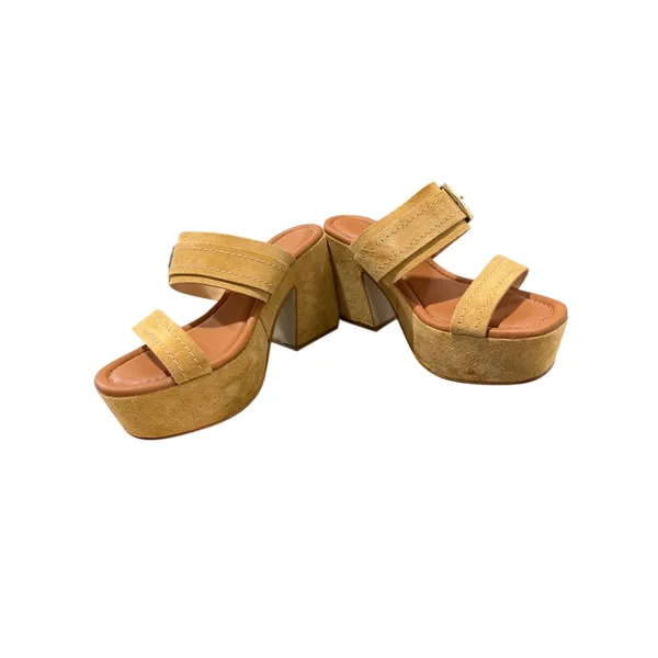Lottini Italy Biscotto Beige Leather Suede Platform Slide Sandals Gold Buckle 10 - Image 9