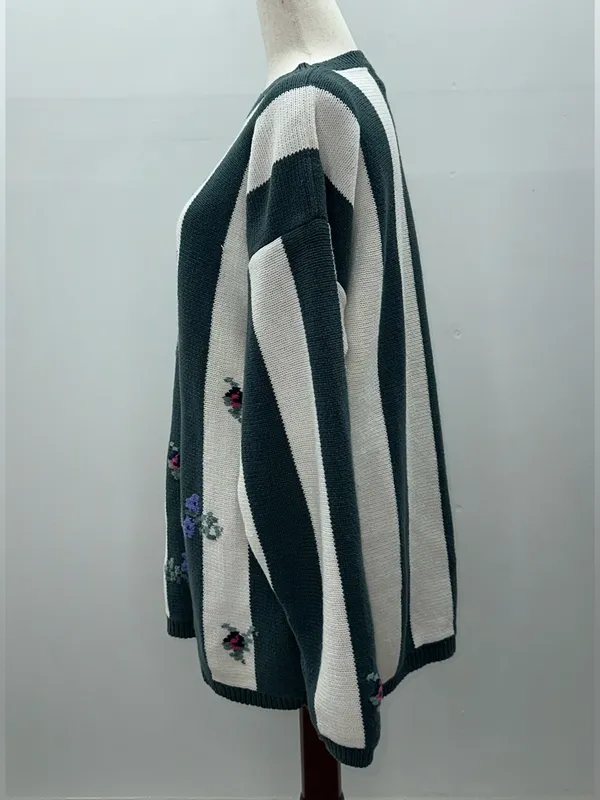 Vintage 90s Paris Sport Club Floral Striped Knit Sweater L Cottagecore Grandma - Image 2