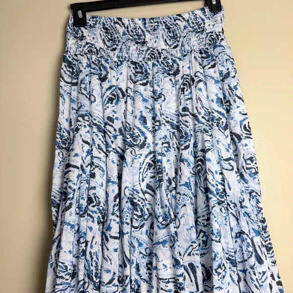 Cupio Skirt Medium Blue Peasant Boho Paisley Coastal Smocked Tiered 100%Cotton - Image 2