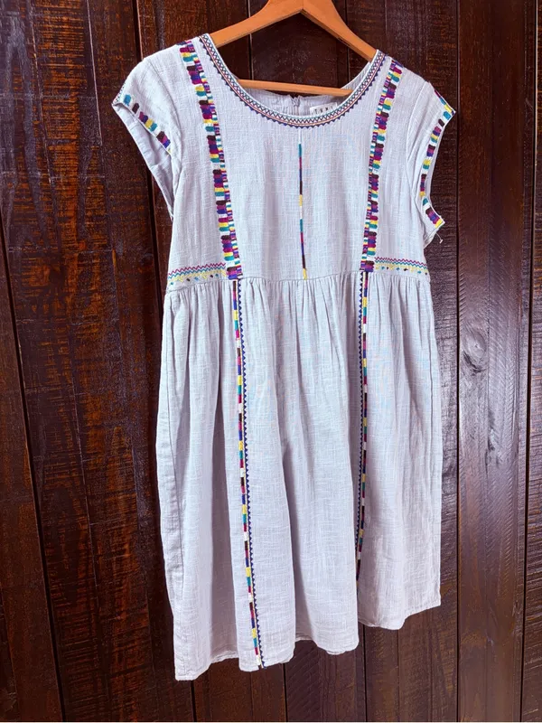 THML Light Blue Embroidered Cotton Sundress with Multicolor Trim - Image 7