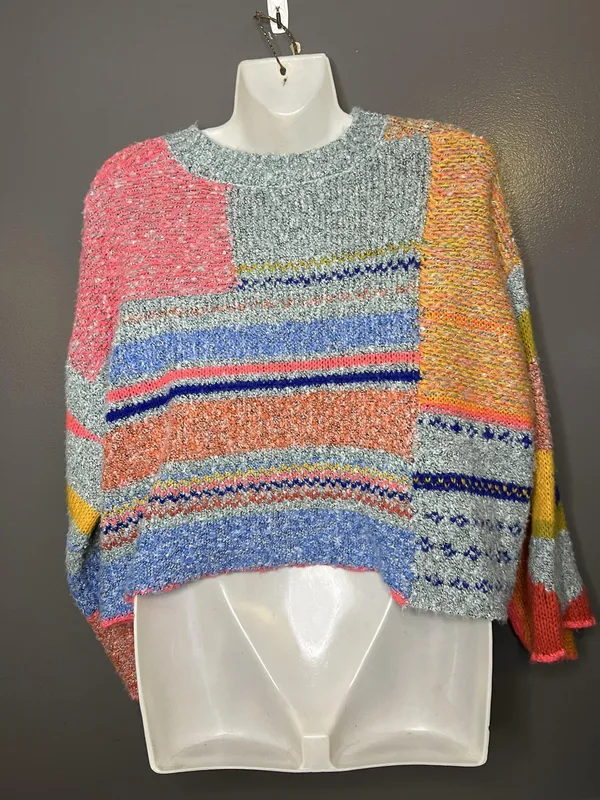 Sincerely Jules Sweater Womens Small Multicolor Patchwork Chunky Knit Cropped - Image 6