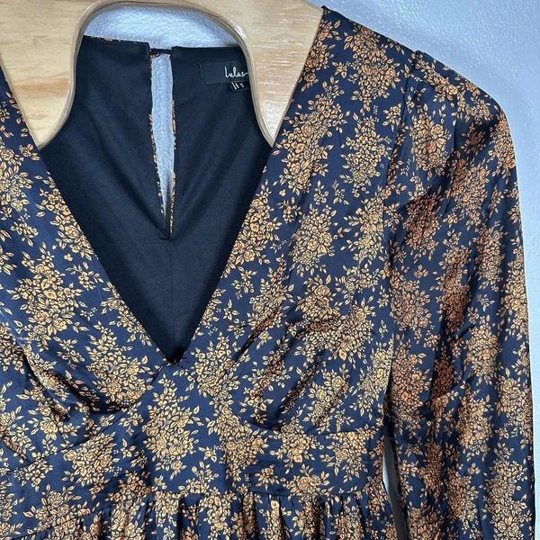 Lulus Floral Long Sleeve Satin V-neck Midi Dress Womens Size XL Navy Blue Orange - Image 3