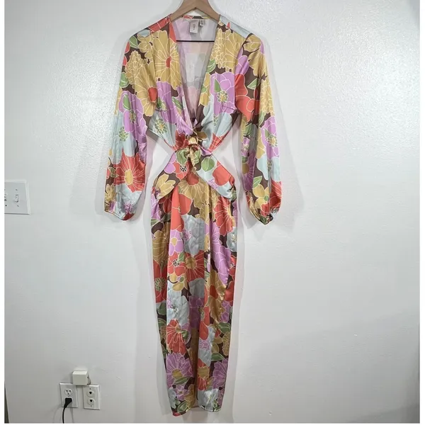 Y.A.S‎ Josephine Long Sleeve Cut Out Maxi Dress Floral Retro Mod Twist Front M - Image 3