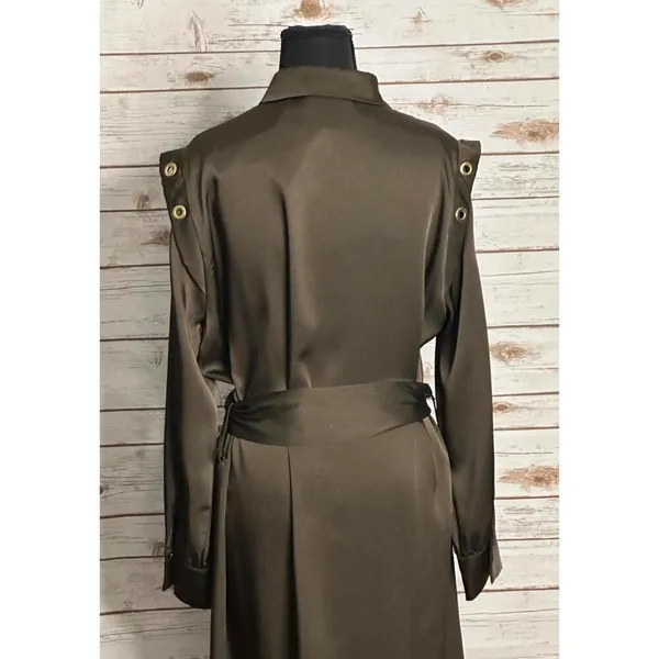 Zara olive green satin grommet detail belted Ring Trim maxi shirtdress Size M - Image 13