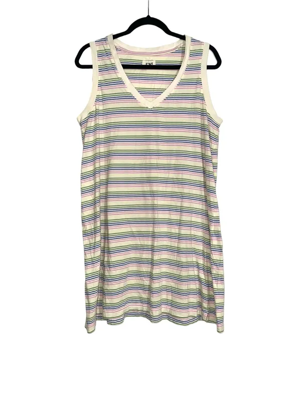 Pact Organic Cotton Sleeveless V-Neck Cream Stripe Mini Dress LARGE - Image 2