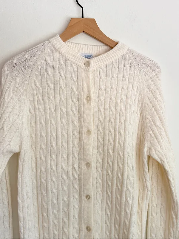 Northern Isles Cable Knit Cardigan Sweater 1980s Ivory Crewneck Button 40 (M) - Image 3