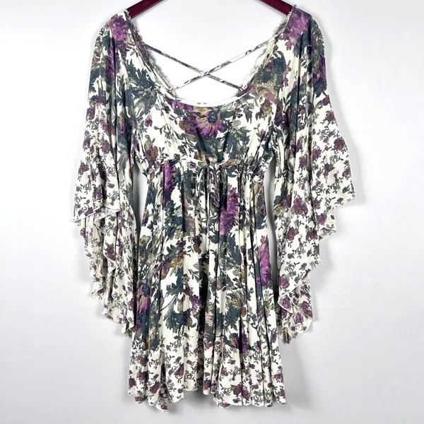 Free People Heart of‎ Gold Dress M Moody Floral Bell Sleeve Boho Whimsigoth Mini - Image 4