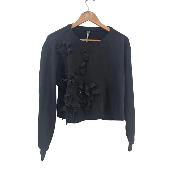 Anthropologie Sweatshirt Women S 3D Floral Applique Black Beaded Cropped EUC - Image 7