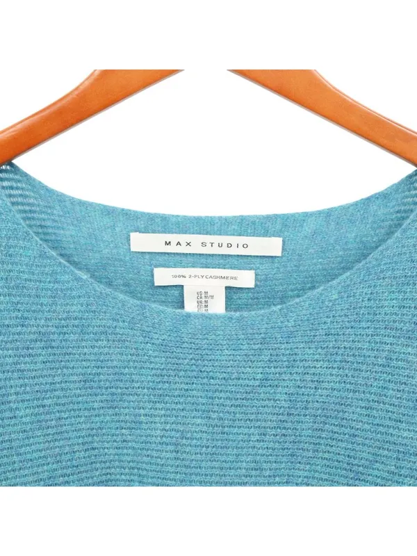 Max Studio 100% 2 Ply Cashmere Rounded Hem Knit Blue Pullover Sweater M - Image 3