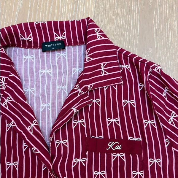 White Fox Shorts Pajamas Bow Print Personalized "Kat" Size S Burgundy Red - Image 4