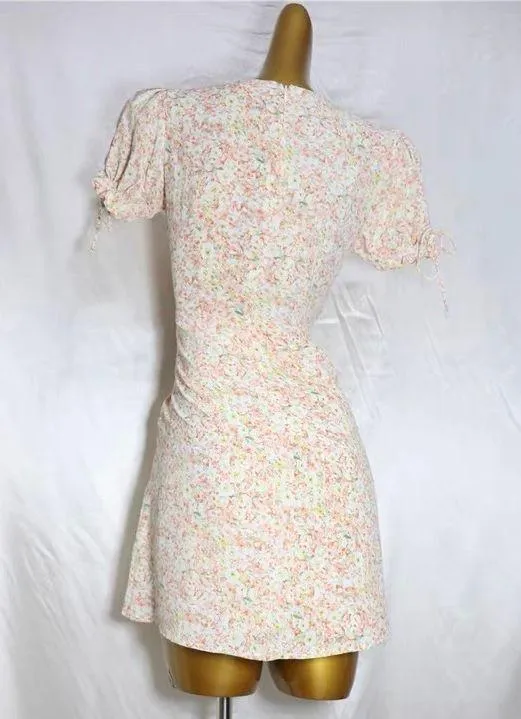 Kiss the Sky Pink/Green Puff Sleeve V-neck Mini Dress w/ Slit - Image 5