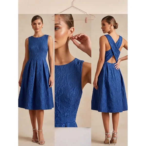 Eva Franco Cocktail Dress Womens 4 Blue Jacquard Criss Cross Back Fit &‎ Flare - Image 2