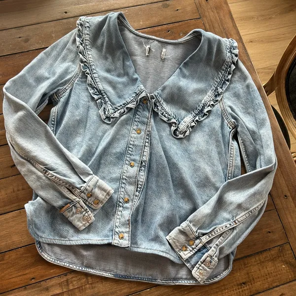 Ganni Peter Pan Collared Ruffle Denim Shirt Indigo Blue 34/XS - Image 5