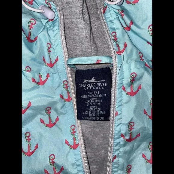 Charles River Aqua Coral Anchor Hooded Rain Coat Anorak Mercyhurst Lined‎ XXS - Image 2