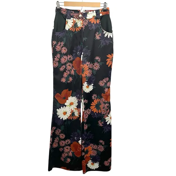 STAUD Austin Pants Size 4 Satin Floral‎ Bloom Flares Black Daisy Retro Festival - Image 3