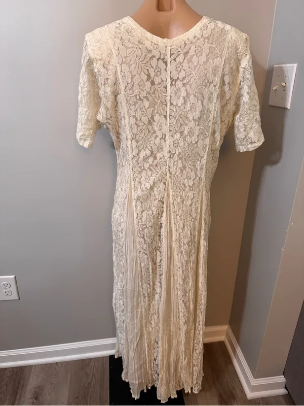 Starina Cream Lace Overlay Dress Large Floral Pleated Bridal Vintage Bohemian - Image 4