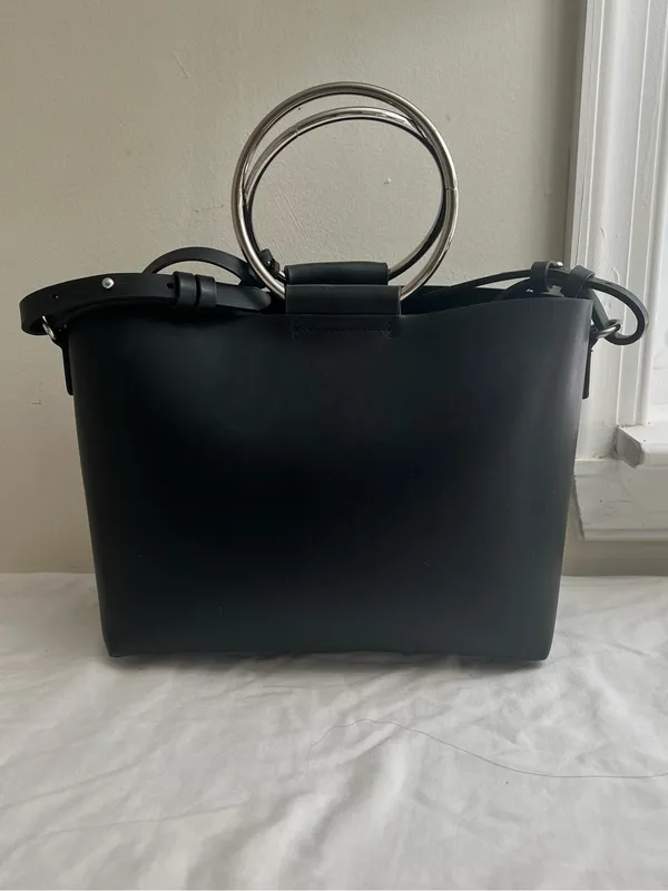 Zara Black Leather Tote with Silver O-Ring Handle - Image 2