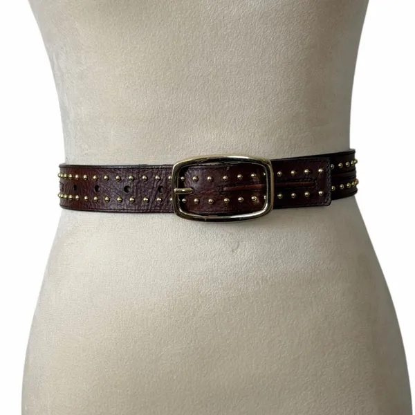 Western Boho Brown Studded Genuine Leather Belt Antique Gold Women’s Size Small - Image 10