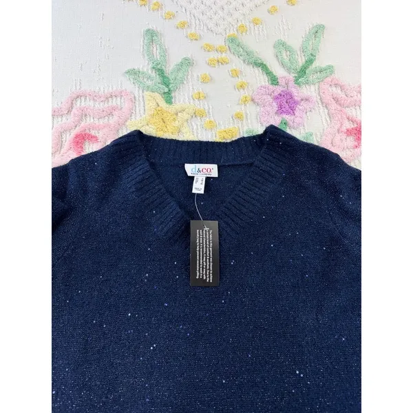 Denim & Co Navy Blue Sequin Shimmer‎ V-Neck Knit Sweater Womens M NWT A670650 - Image 3