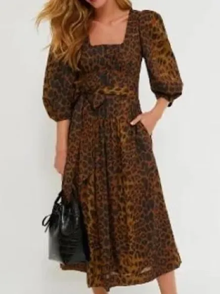 Tuckernuck Leopard Graciela Dress Womens 6 Brown NWT Square Neck Puff Sleeve - Image 13