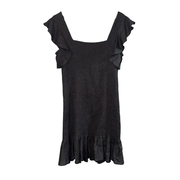 Band‎ of Gypsies Linen Blend Smocked Mini Dress Large Ruffled Sleeve Black Party - Image 5