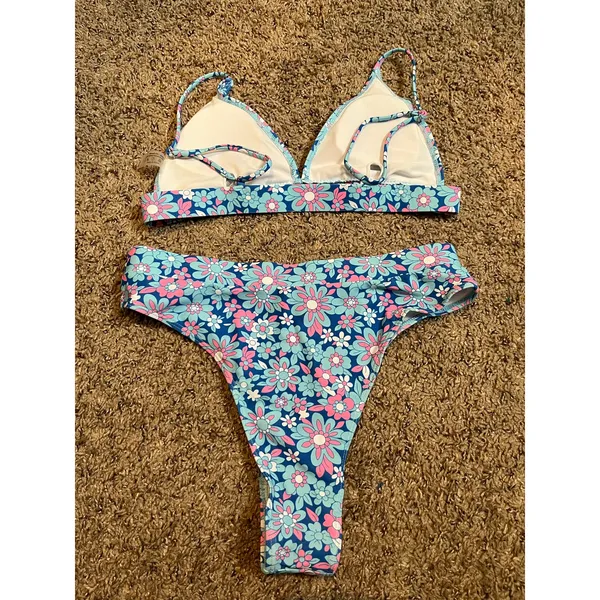 Tropical Floral Bikini‎ Set Blue Pink Girly Summer Resort Beachwear Size Large - Image 5