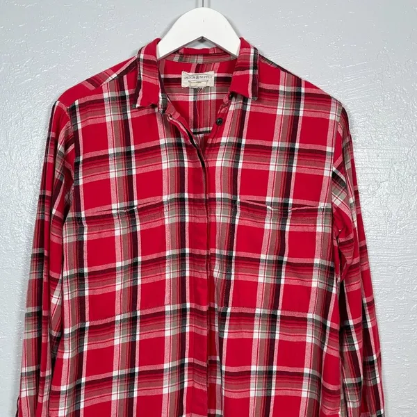 Denim & Supply Ralph Lauren Women M Red Black White Plaid Flannel Shirt Boho - Image 3