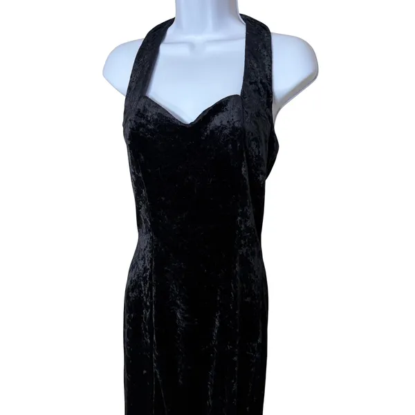 All That Jazz Vintage 90s Black‎ Crushed Velvet Halter Maxi Dress Side Slit Med - Image 2
