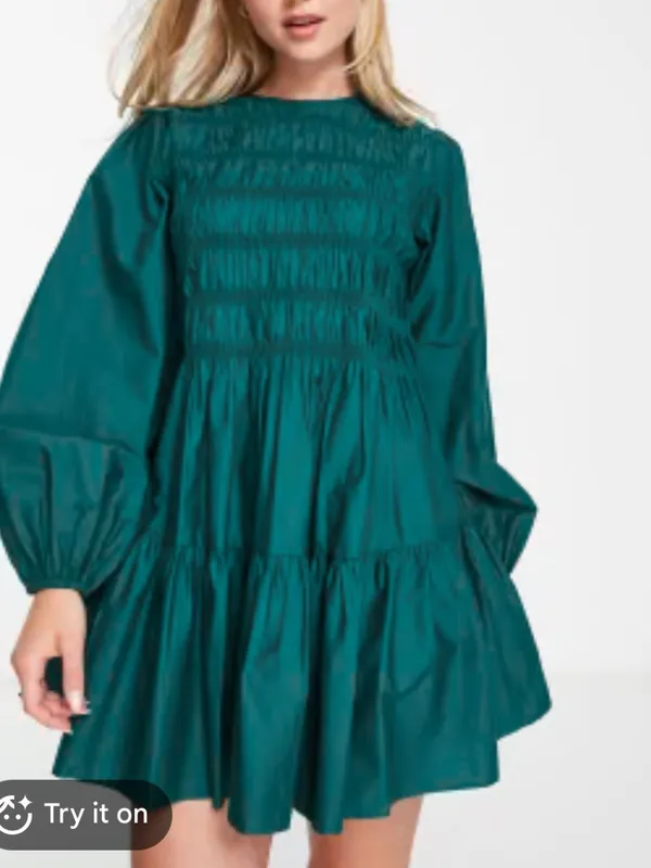 Asos Womens Cotton Shirred Mini Smocked Dress Green 6/Medium - Image 6