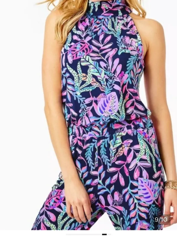 Lilly Pulitzer Wyota Tropical Jungle Blue Purple Jumpsuit Size Large - Image 3