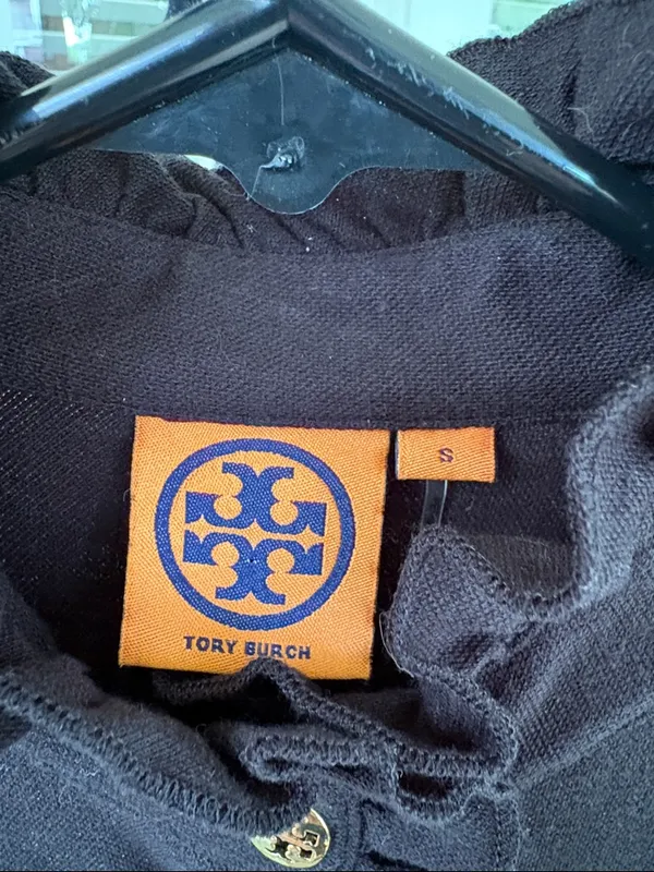 Tory Burch Pima Cotton Ruffle Logo Button Top Black Size Small - Image 3