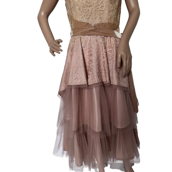 Vintage 1950s 1960s Handmade Champagne Lace Tulle Party Dress XS - Image 9