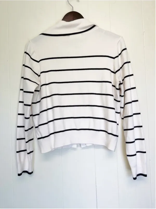 BY DESIGN Striped Button Collared Cardigan White Black Medium - Image 4