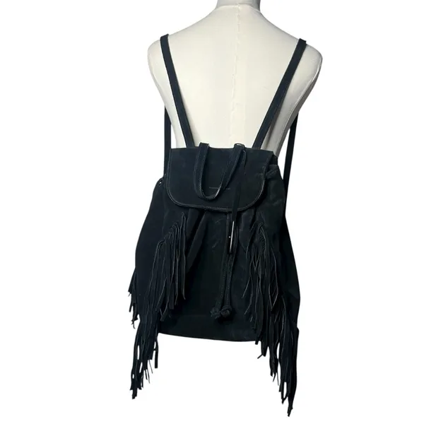 D2 DSQUARED Black Suede Fringe Backpack Western Boho Relaxed Low Hanging - Image 2
