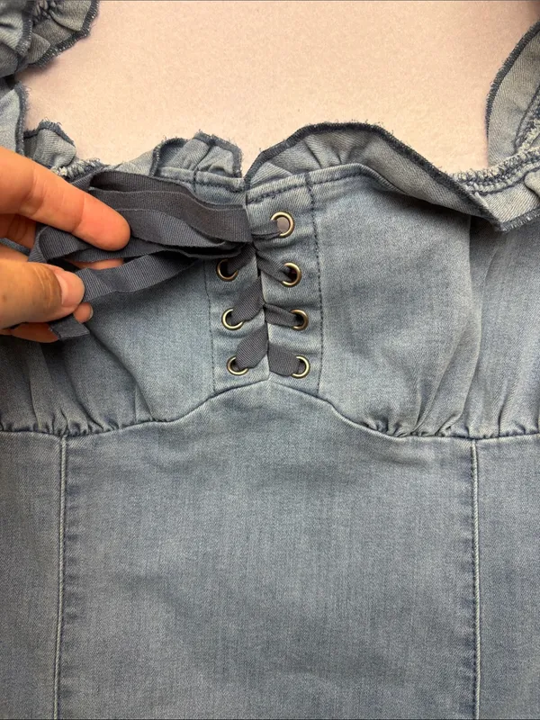 urban outfitters size medium blue Denim Ruffle Strap Dress western cowgirl - Image 2