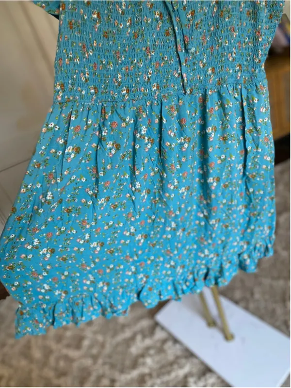 AUW Floral Smocked Mini Dress Boho Romantic Cottagecore Coquette Babydoll Picnic - Image 4