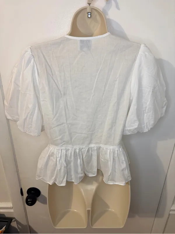 Playa Lucila White Puff Sleeve Peplum Tie Front Blouse S - Image 7