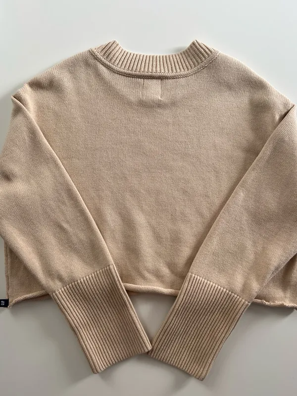 GAP Beige 100% Cotton Cropped Knit Sweater Roll Hem Long Cuffs M - Image 3