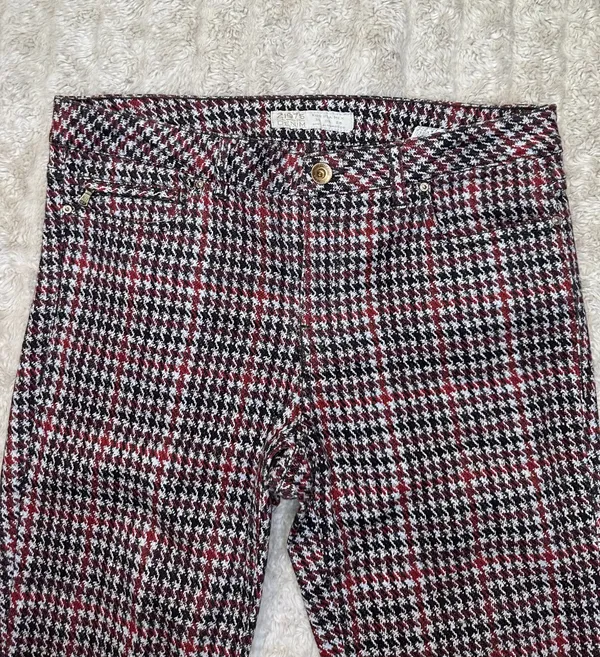 Zara red/brown/cream houndstooth plaid skinny jeans/slim stretch pants Size 6 - Image 8