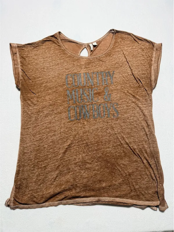 OZEO Women’s L Country Music & Cowboys Brown Graphic Tee Keyhole Back - Image 3