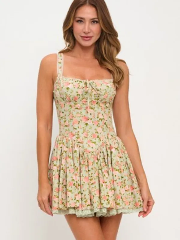 Floral Lace Trim Fit And Flare Mini Dress - Image 2