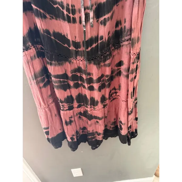 Mauve Black Tie Dye Tiered Maxi Skirt Viscose Boho Lace Trim Free‎ Size India - Image 4