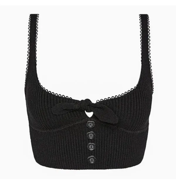 For Love and Lemons Pointelle Knit Crop Top Black Flower Ribbed Bow Coquette - Image 3