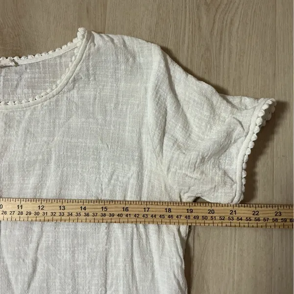 Solitaire Festival Boho Lace Hem Gauze‎ Blouse Womens M White Crochet Pom Top - Image 5
