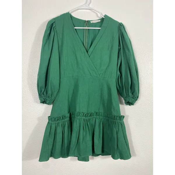 Karlie Emerald V-Neck Ruffle Mini Dress Size S 90% Ramie 10% Cotton 100% Rayón - Image 2